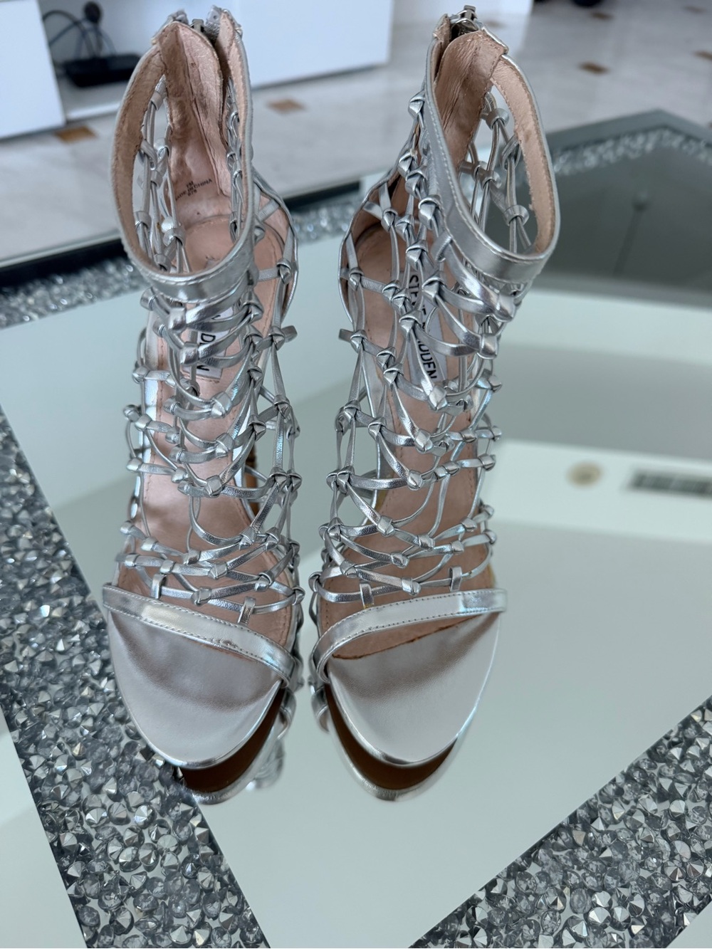 Steve Madden Silver Lace-Up Cage High Heels